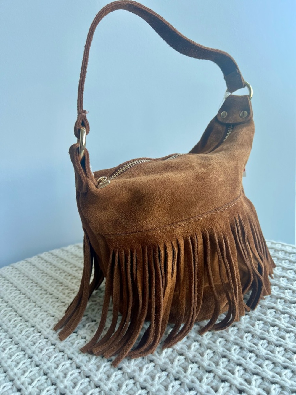 Marlon Made in Italy Brown Suede Fringe Bag Convertible Shoulder Crossbody NWT